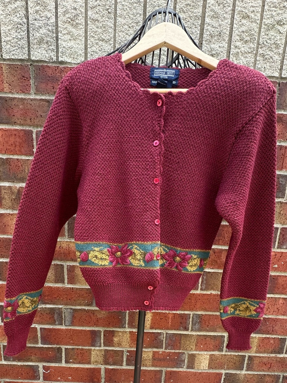 Herman Geist Petites Hand Embroidered Wool Blend Cardigan Sweater Cottagecore